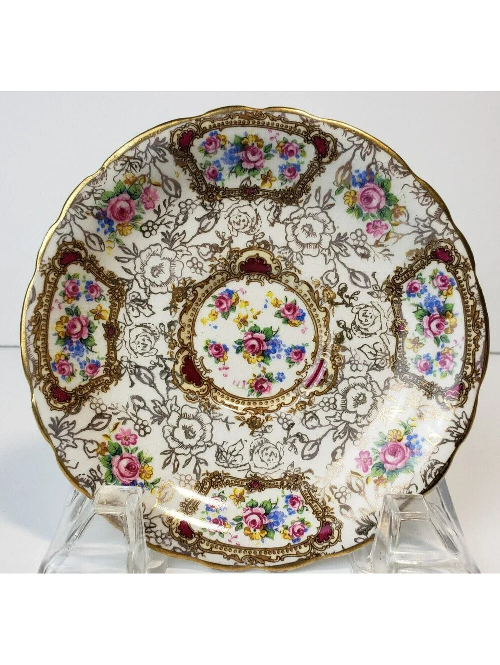 Vintage James Kent Demitasse Teacup & Saucer Pompadour England Gold Floral